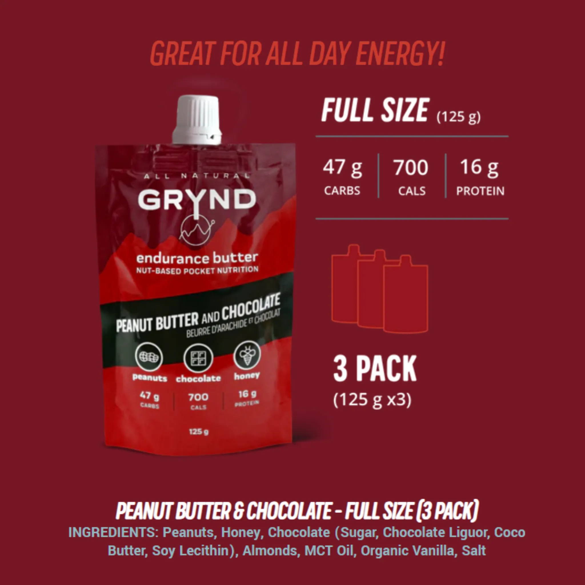 GRYND - All Natural Endurance Butter Peanut Butter Chocolate  (125g Packs x 3) $19.75